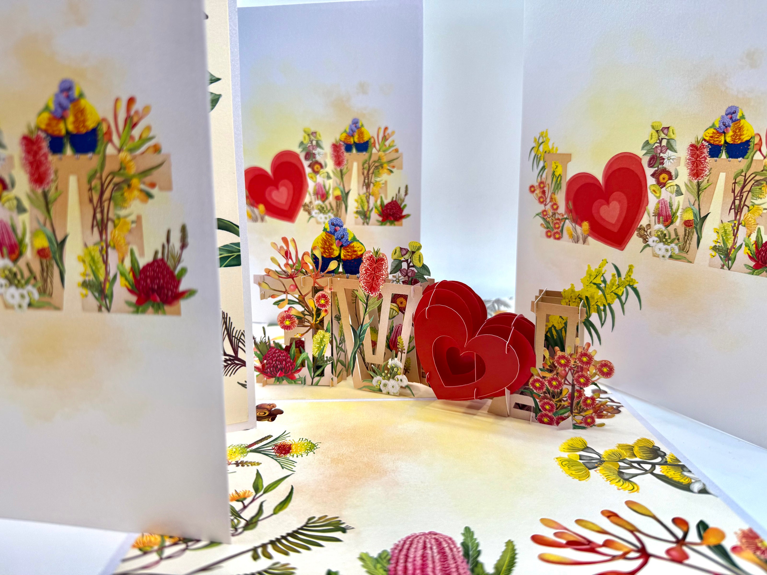 Rainbow Lorikeet LOVE Birds with Australian Native Flowers 3D POP UP GREETING CARD - Created by Origami Pop Cards Australian Design & Handmade 3D Pop Up Magical Paper Cards, Handmade Pop Up Cards Celebrate Love Anniversary Heart Fell and Romantic