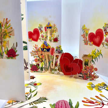 Rainbow Lorikeet LOVE Birds with Australian Native Flowers 3D POP UP GREETING CARD - Created by Origami Pop Cards Australian Design & Handmade 3D Pop Up Magical Paper Cards, Handmade Pop Up Cards Celebrate Love Anniversary Heart Fell and Romantic