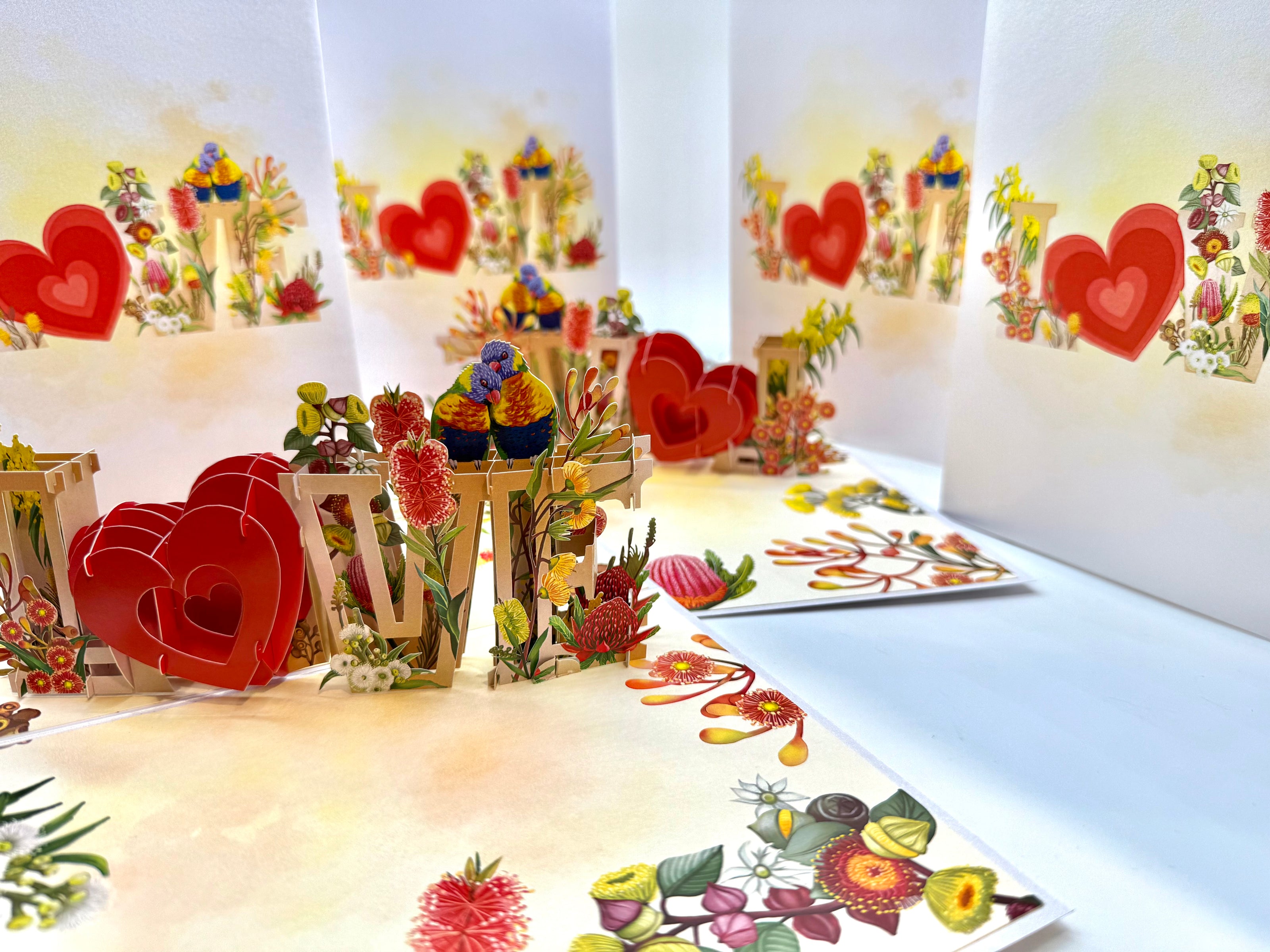 Rainbow Lorikeet LOVE Birds with Australian Native Flowers 3D POP UP GREETING CARD - Created by Origami Pop Cards Australian Design & Handmade 3D Pop Up Magical Paper Cards, Handmade Pop Up Cards Celebrate Love Anniversary Heart Fell and Romantic