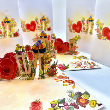 Rainbow Lorikeet LOVE Birds with Australian Native Flowers 3D POP UP GREETING CARD - Created by Origami Pop Cards Australian Design & Handmade 3D Pop Up Magical Paper Cards, Handmade Pop Up Cards Celebrate Love Anniversary Heart Fell and Romantic