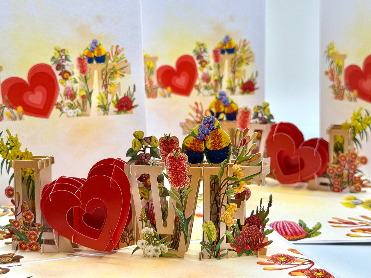 Rainbow Lorikeet LOVE Birds with Australian Native Flowers 3D POP UP GREETING CARD - Created by Origami Pop Cards Australian Design & Handmade 3D Pop Up Magical Paper Cards, Handmade Pop Up Cards Celebrate Love Anniversary Heart Fell and Romantic
