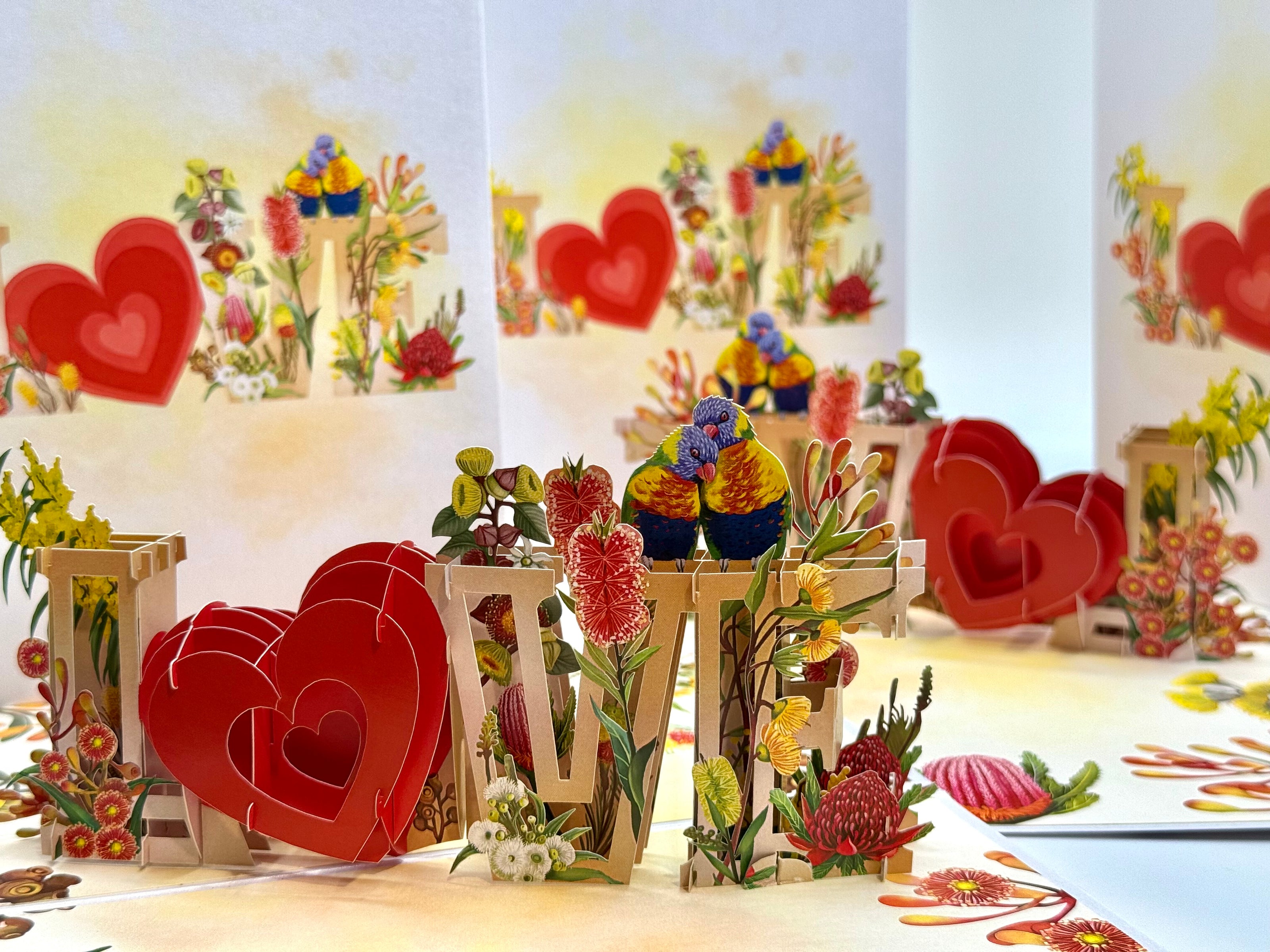Rainbow Lorikeet LOVE Birds with Australian Native Flowers 3D POP UP GREETING CARD - Created by Origami Pop Cards Australian Design & Handmade 3D Pop Up Magical Paper Cards, Handmade Pop Up Cards Celebrate Love Anniversary Heart Fell and Romantic