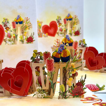 Rainbow Lorikeet LOVE Birds with Australian Native Flowers 3D POP UP GREETING CARD - Created by Origami Pop Cards Australian Design & Handmade 3D Pop Up Magical Paper Cards, Handmade Pop Up Cards Celebrate Love Anniversary Heart Fell and Romantic