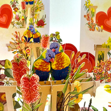 Rainbow Lorikeet LOVE Birds with Australian Native Flowers 3D POP UP GREETING CARD - Created by Origami Pop Cards Australian Design & Handmade 3D Pop Up Magical Paper Cards, Handmade Pop Up Cards Celebrate Love Anniversary Heart Fell and Romantic