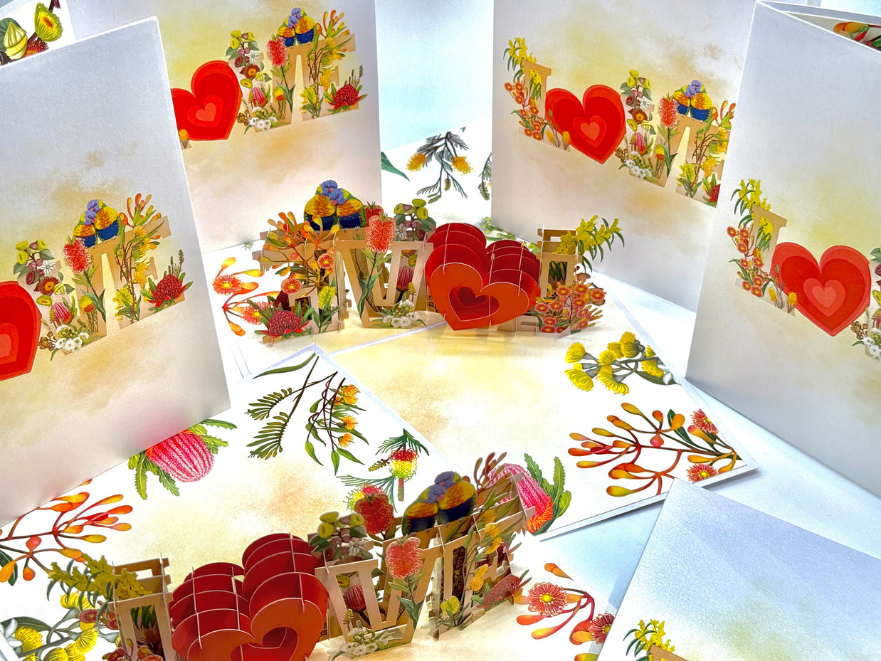Rainbow Lorikeet LOVE Birds with Australian Native Flowers 3D POP UP GREETING CARD - Created by Origami Pop Cards Australian Design & Handmade 3D Pop Up Magical Paper Cards, Handmade Pop Up Cards Celebrate Love Anniversary Heart Fell and Romantic