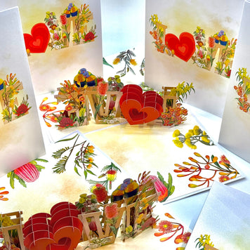 Rainbow Lorikeet LOVE Birds with Australian Native Flowers 3D POP UP GREETING CARD - Created by Origami Pop Cards Australian Design & Handmade 3D Pop Up Magical Paper Cards, Handmade Pop Up Cards Celebrate Love Anniversary Heart Fell and Romantic