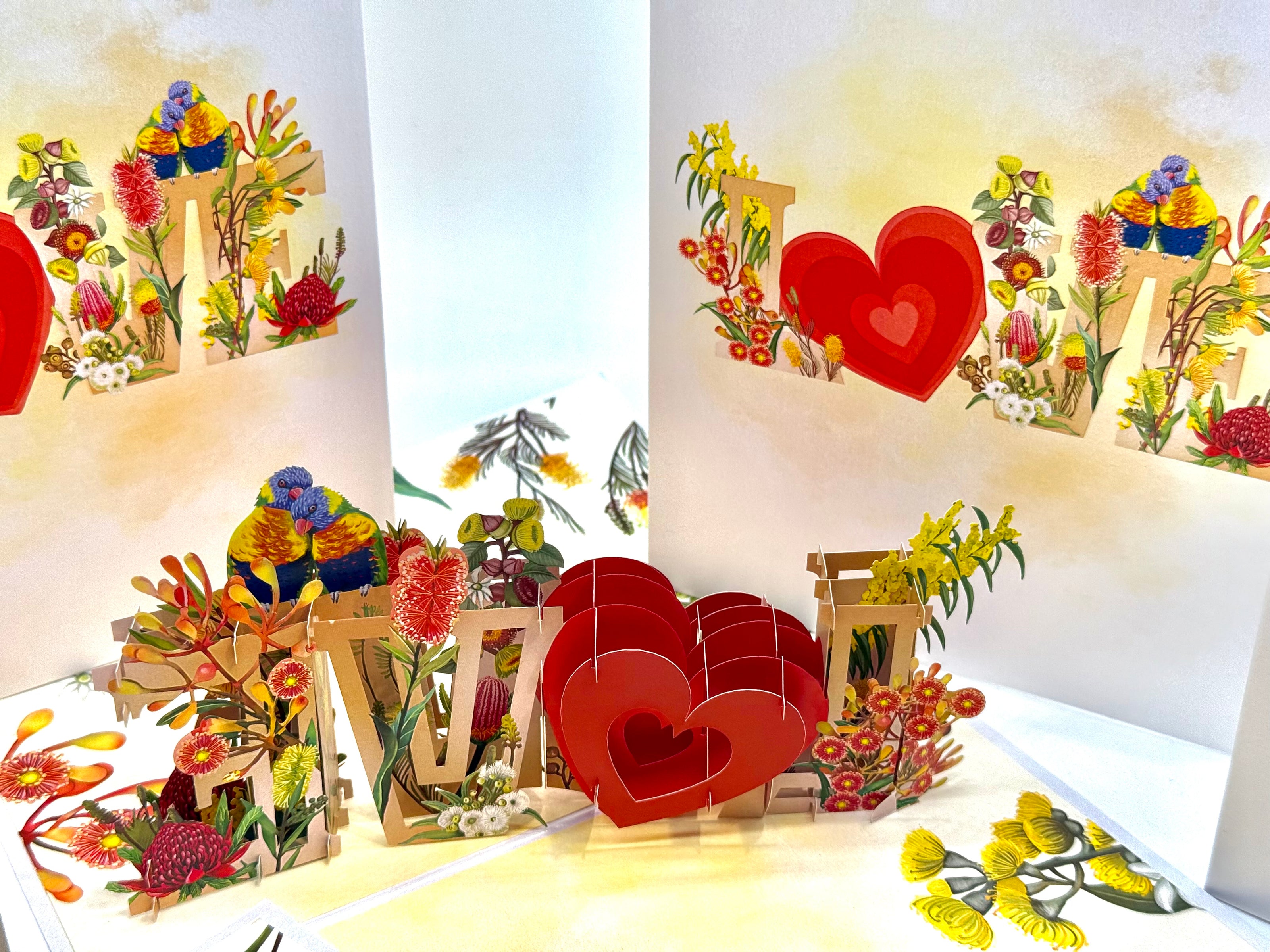 Rainbow Lorikeet LOVE Birds with Australian Native Flowers 3D POP UP GREETING CARD - Created by Origami Pop Cards Australian Design & Handmade 3D Pop Up Magical Paper Cards, Handmade Pop Up Cards Celebrate Love Anniversary Heart Fell and Romantic