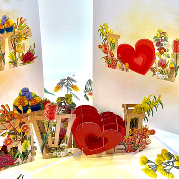 Rainbow Lorikeet LOVE Birds with Australian Native Flowers 3D POP UP GREETING CARD - Created by Origami Pop Cards Australian Design & Handmade 3D Pop Up Magical Paper Cards, Handmade Pop Up Cards Celebrate Love Anniversary Heart Fell and Romantic