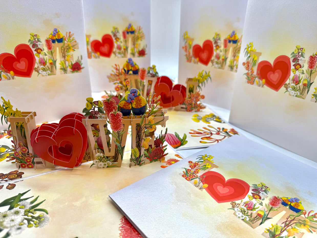 Rainbow Lorikeet LOVE Birds with Australian Native Flowers 3D POP UP GREETING CARD - Created by Origami Pop Cards Australian Design & Handmade 3D Pop Up Magical Paper Cards, Handmade Pop Up Cards Celebrate Love Anniversary Heart Fell and Romantic