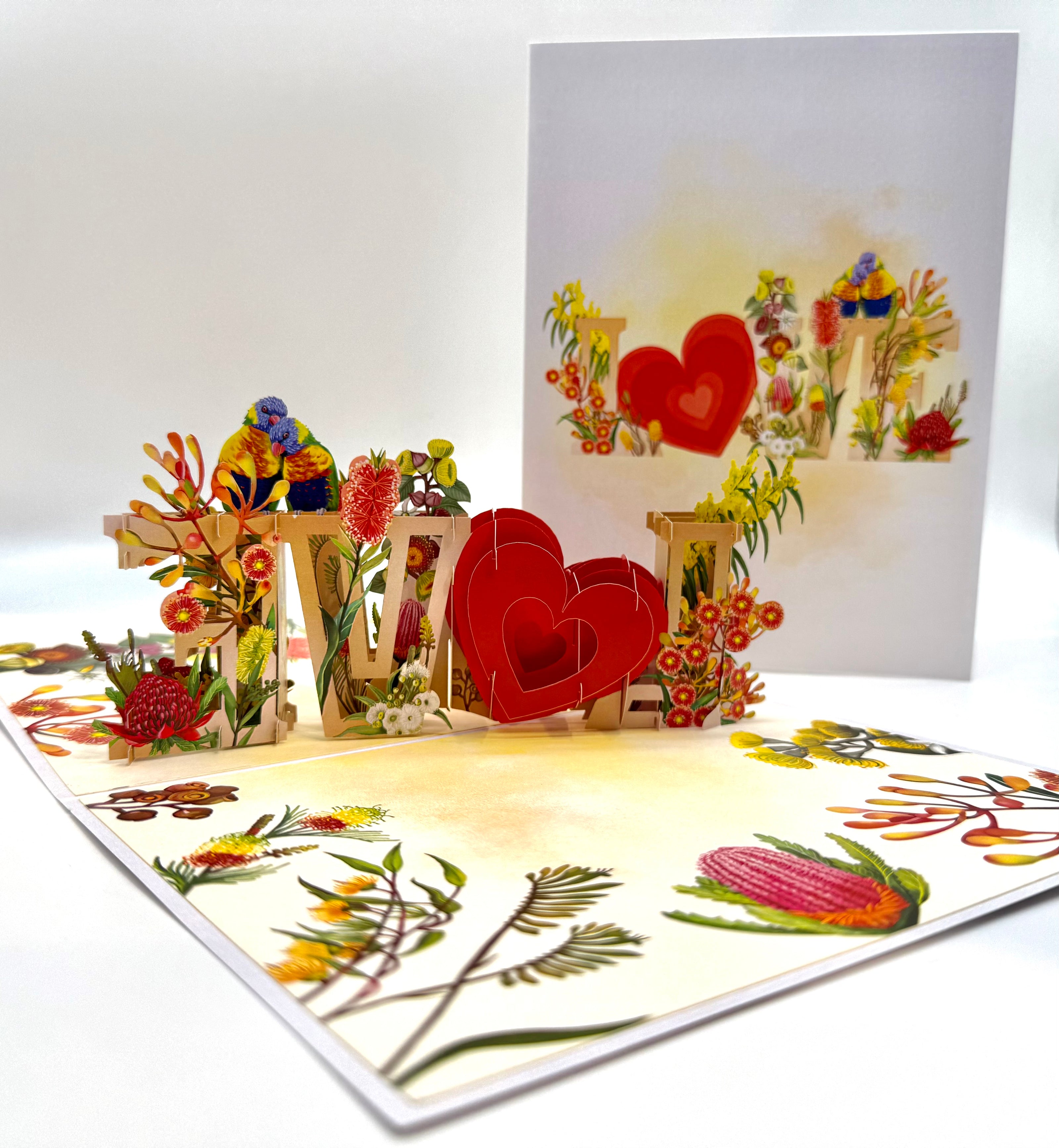 Rainbow Lorikeet LOVE Birds with Australian Native Flowers 3D POP UP GREETING CARD - Created by Origami Pop Cards Australian Design & Handmade 3D Pop Up Magical Paper Cards, Handmade Pop Up Cards Celebrate Love Anniversary Heart Fell and Romantic