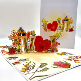 Rainbow Lorikeet LOVE Birds with Australian Native Flowers 3D POP UP GREETING CARD - Created by Origami Pop Cards Australian Design & Handmade 3D Pop Up Magical Paper Cards, Handmade Pop Up Cards Celebrate Love Anniversary Heart Fell and Romantic