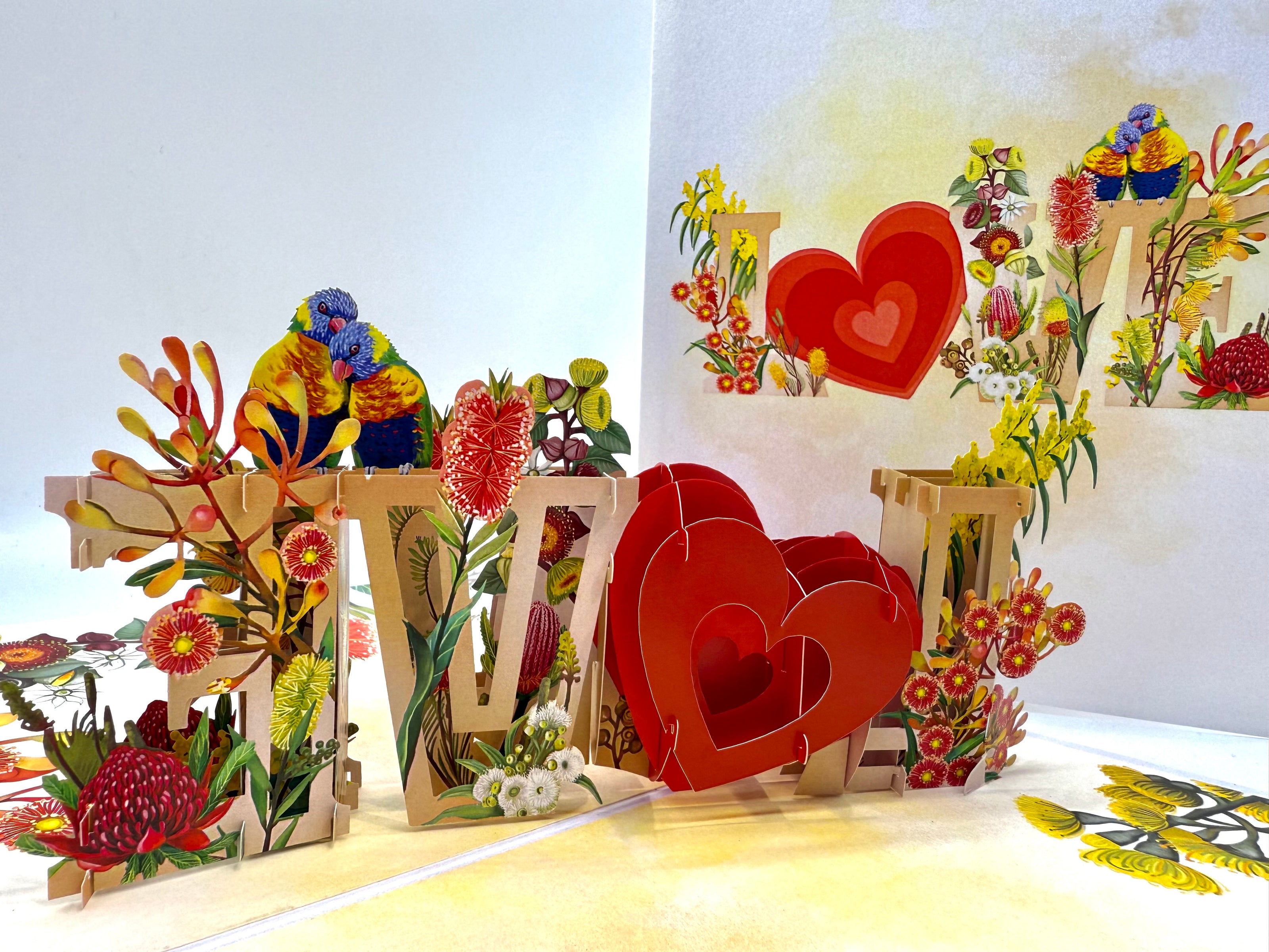 Rainbow Lorikeet LOVE Birds with Australian Native Flowers 3D POP UP GREETING CARD - Created by Origami Pop Cards Australian Design & Handmade 3D Pop Up Magical Paper Cards, Handmade Pop Up Cards Celebrate Love Anniversary Heart Fell and Romantic