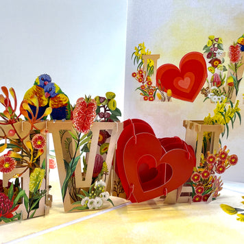 Rainbow Lorikeet LOVE Birds with Australian Native Flowers 3D POP UP GREETING CARD - Created by Origami Pop Cards Australian Design & Handmade 3D Pop Up Magical Paper Cards, Handmade Pop Up Cards Celebrate Love Anniversary Heart Fell and Romantic