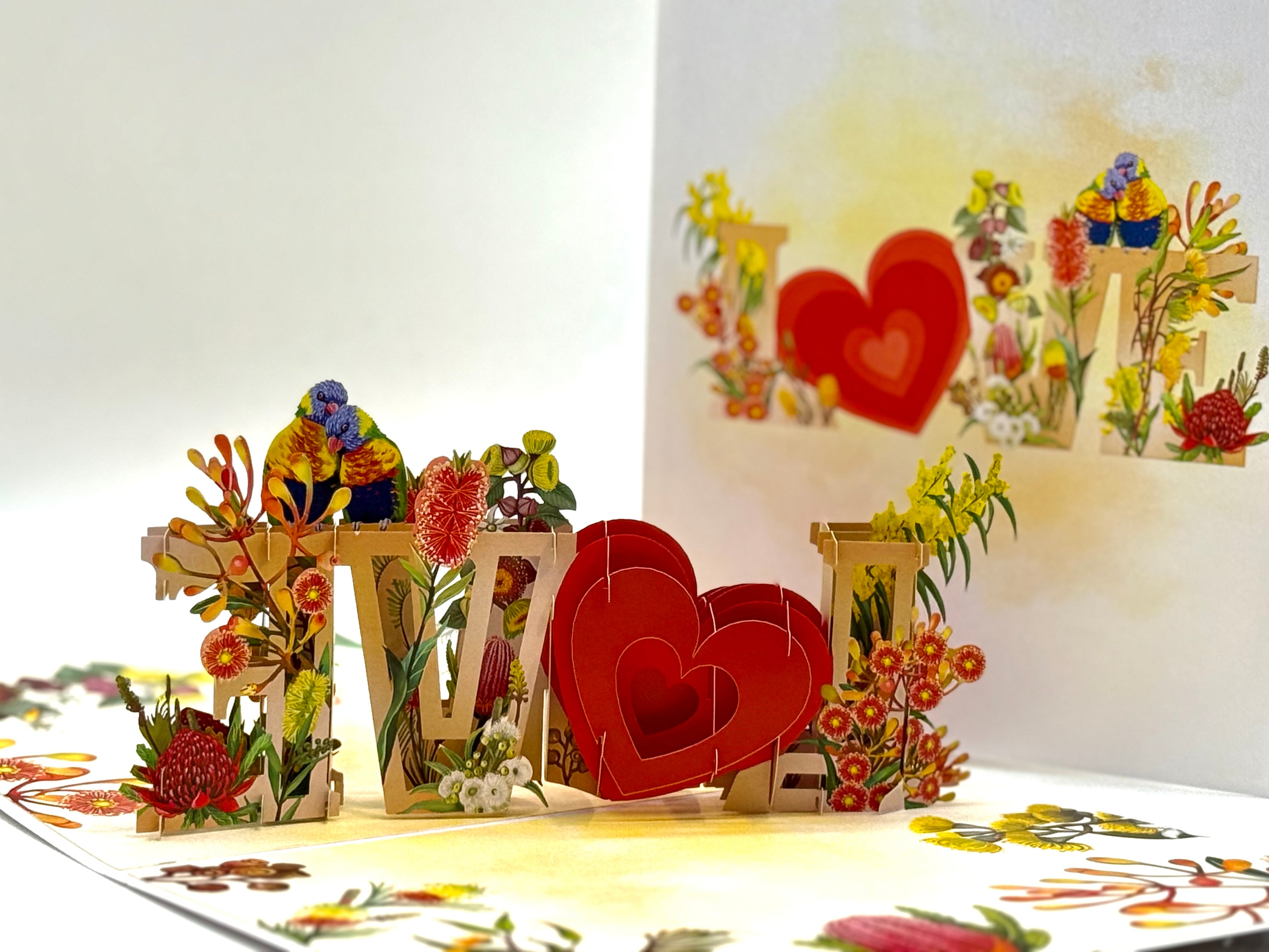 Rainbow Lorikeet LOVE Birds with Australian Native Flowers 3D POP UP GREETING CARD - Created by Origami Pop Cards Australian Design & Handmade 3D Pop Up Magical Paper Cards, Handmade Pop Up Cards Celebrate Love Anniversary Heart Fell and Romantic