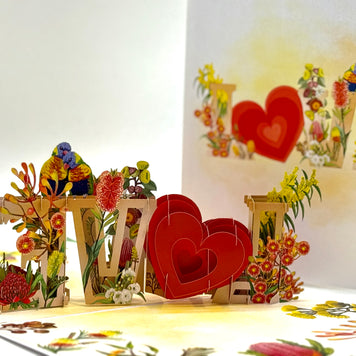 Rainbow Lorikeet LOVE Birds with Australian Native Flowers 3D POP UP GREETING CARD - Created by Origami Pop Cards Australian Design & Handmade 3D Pop Up Magical Paper Cards, Handmade Pop Up Cards Celebrate Love Anniversary Heart Fell and Romantic