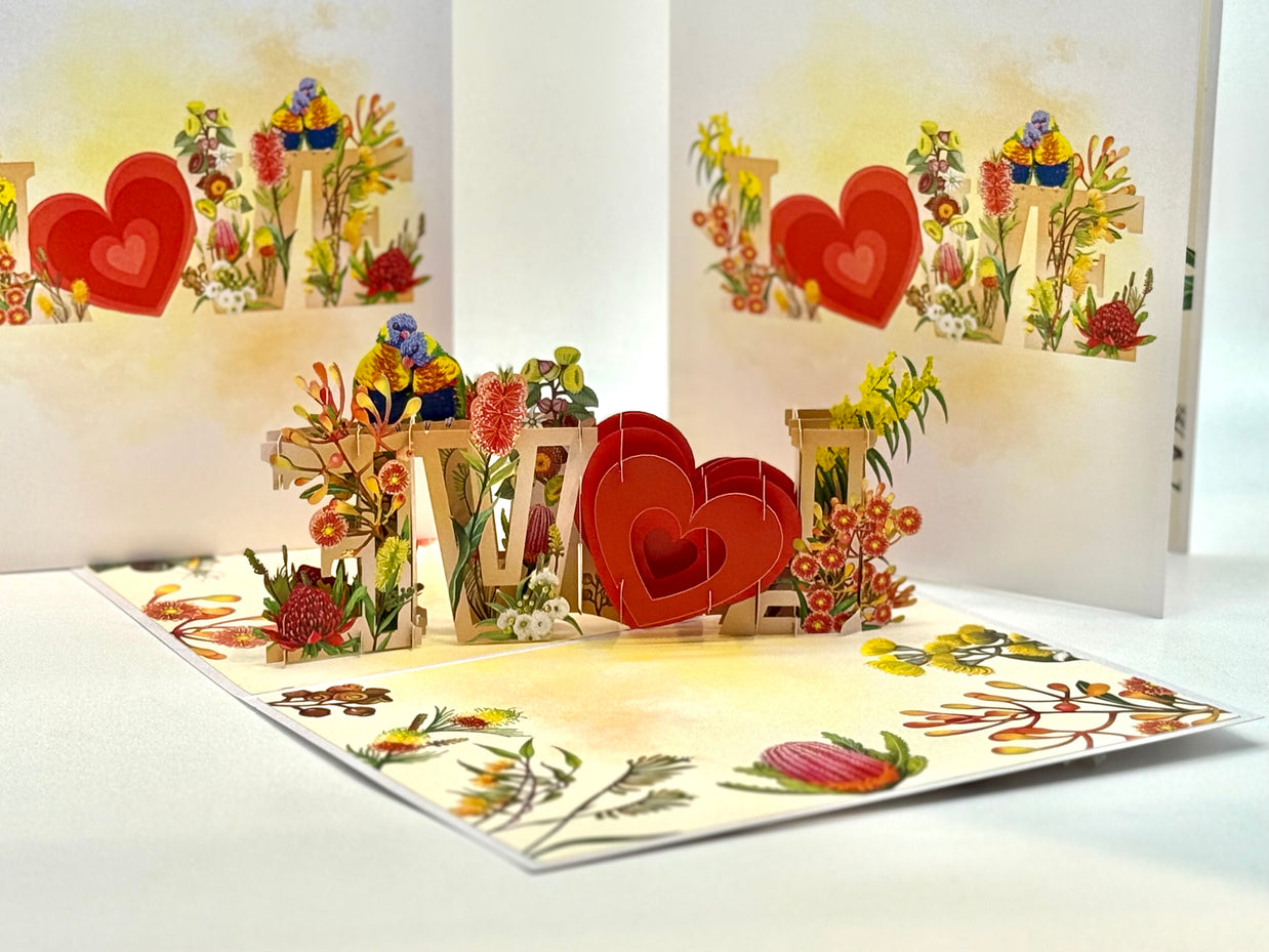 Rainbow Lorikeet LOVE Birds with Australian Native Flowers 3D POP UP GREETING CARD - Created by Origami Pop Cards Australian Design & Handmade 3D Pop Up Magical Paper Cards, Handmade Pop Up Cards Celebrate Love Anniversary Heart Fell and Romantic