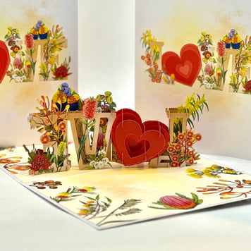 Rainbow Lorikeet LOVE Birds with Australian Native Flowers 3D POP UP GREETING CARD - Created by Origami Pop Cards Australian Design & Handmade 3D Pop Up Magical Paper Cards, Handmade Pop Up Cards Celebrate Love Anniversary Heart Fell and Romantic
