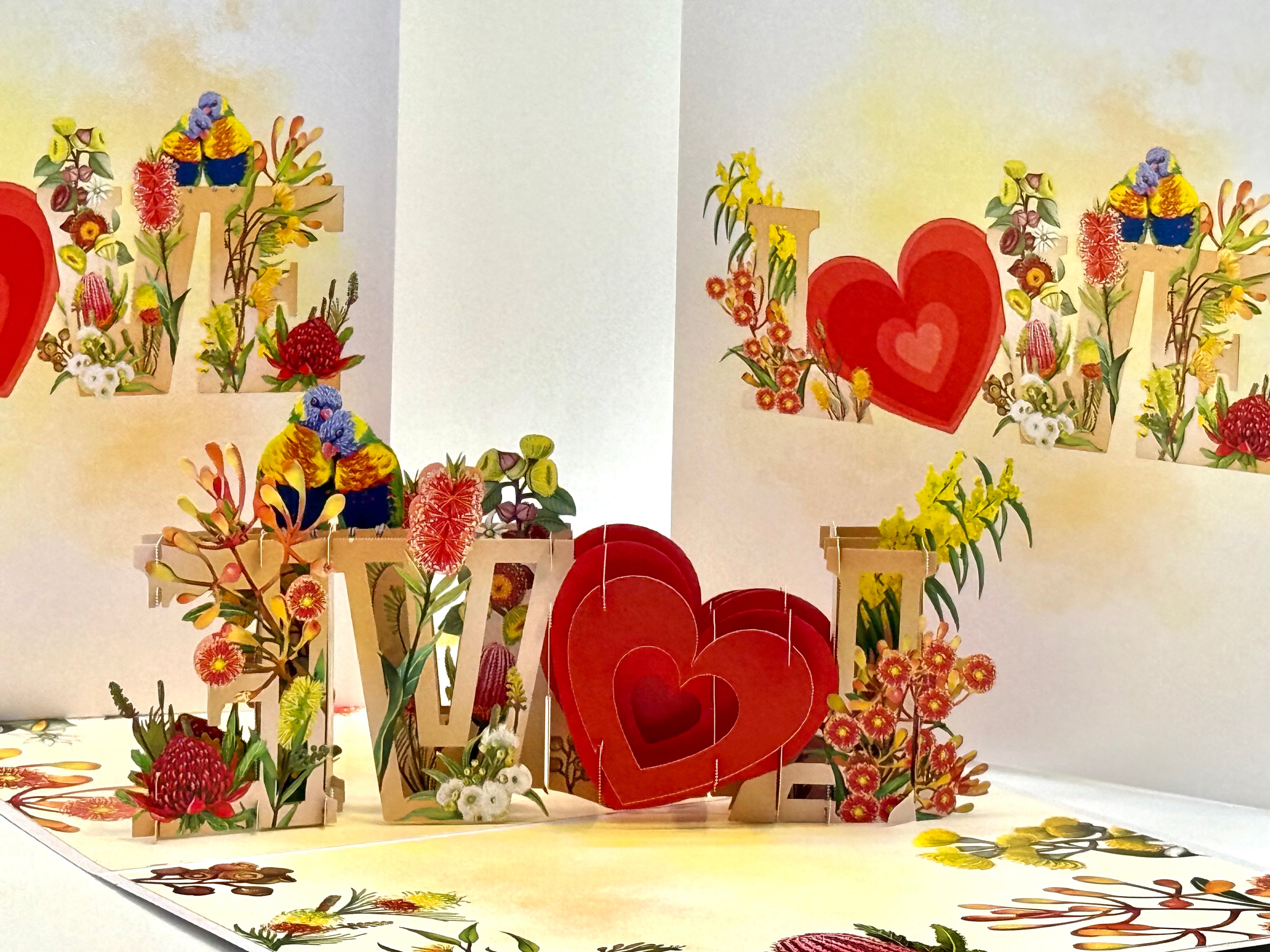 Rainbow Lorikeet LOVE Birds with Australian Native Flowers 3D POP UP GREETING CARD - Created by Origami Pop Cards Australian Design & Handmade 3D Pop Up Magical Paper Cards, Handmade Pop Up Cards Celebrate Love Anniversary Heart Fell and Romantic