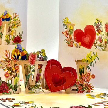 Rainbow Lorikeet LOVE Birds with Australian Native Flowers 3D POP UP GREETING CARD - Created by Origami Pop Cards Australian Design & Handmade 3D Pop Up Magical Paper Cards, Handmade Pop Up Cards Celebrate Love Anniversary Heart Fell and Romantic