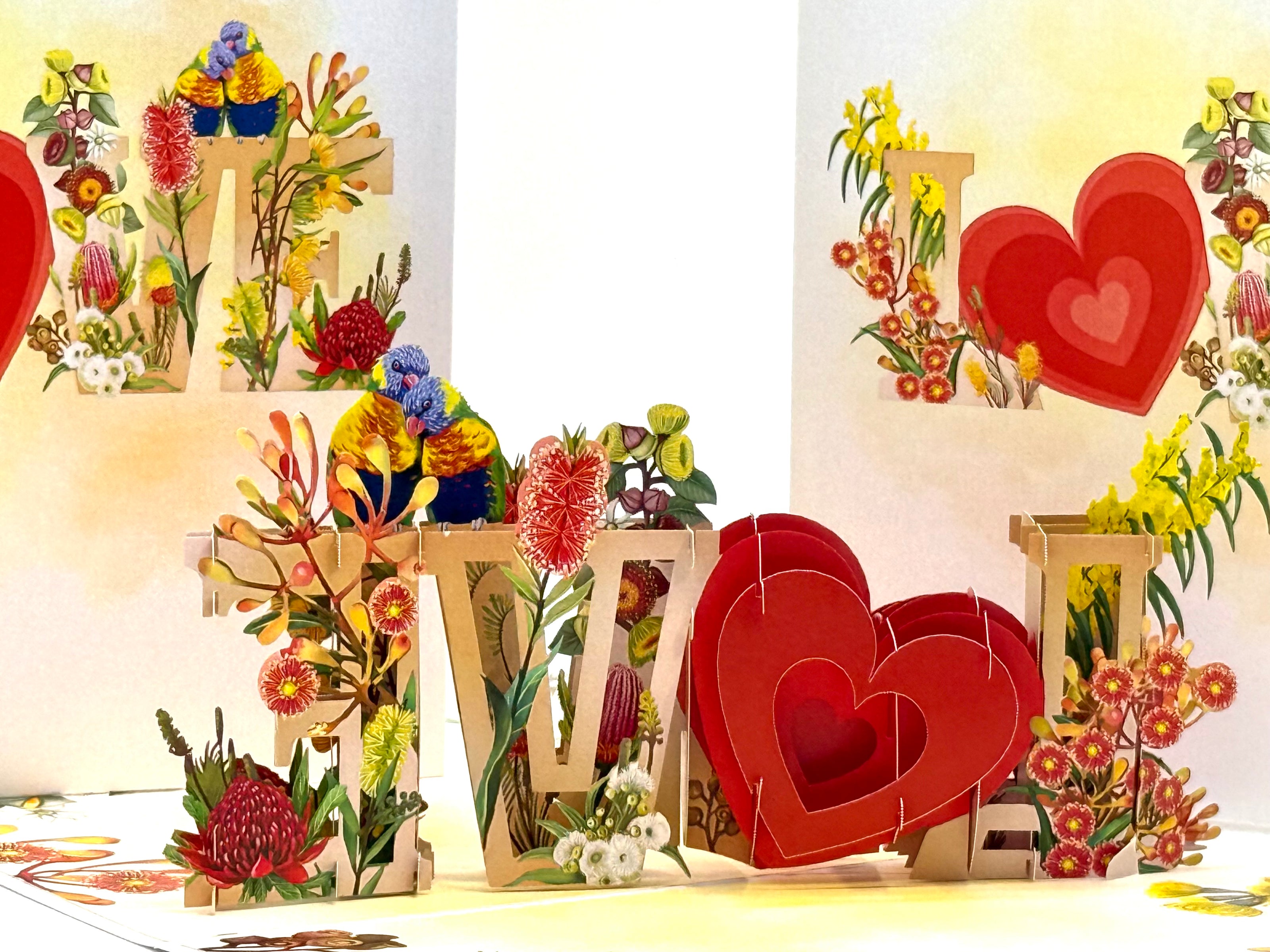 Rainbow Lorikeet LOVE Birds with Australian Native Flowers 3D POP UP GREETING CARD - Created by Origami Pop Cards Australian Design & Handmade 3D Pop Up Magical Paper Cards, Handmade Pop Up Cards Celebrate Love Anniversary Heart Fell and Romantic