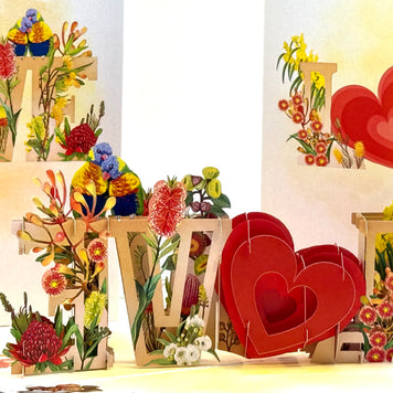 Rainbow Lorikeet LOVE Birds with Australian Native Flowers 3D POP UP GREETING CARD - Created by Origami Pop Cards Australian Design & Handmade 3D Pop Up Magical Paper Cards, Handmade Pop Up Cards Celebrate Love Anniversary Heart Fell and Romantic