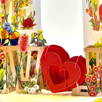 Rainbow Lorikeet LOVE Birds with Australian Native Flowers 3D POP UP GREETING CARD - Created by Origami Pop Cards Australian Design & Handmade 3D Pop Up Magical Paper Cards, Handmade Pop Up Cards Celebrate Love Anniversary Heart Fell and Romantic