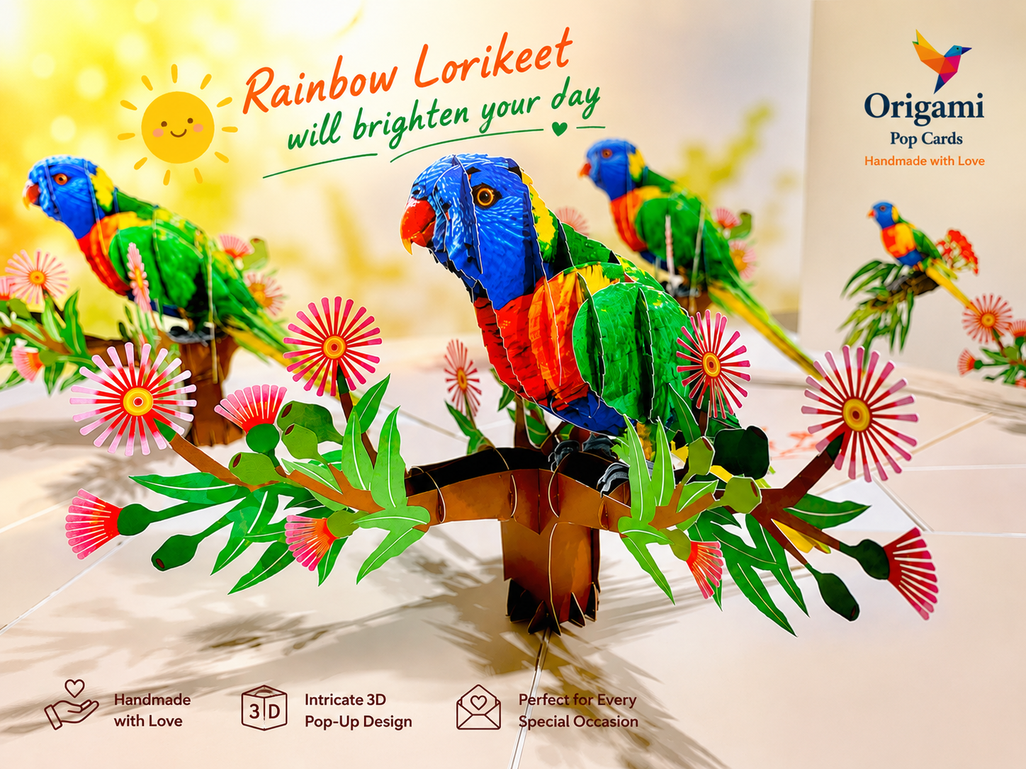Rainbow Lorikeet Parrot Australian Bird with Native Gum Pink Blossom Wildflower Origami Pop Cards 3D Pop Up Greeting Card Happy Birthday Thank You Handmade Gift Thinking of You Blank Card for Any Occasion Happy Mother's Day Happy Father's