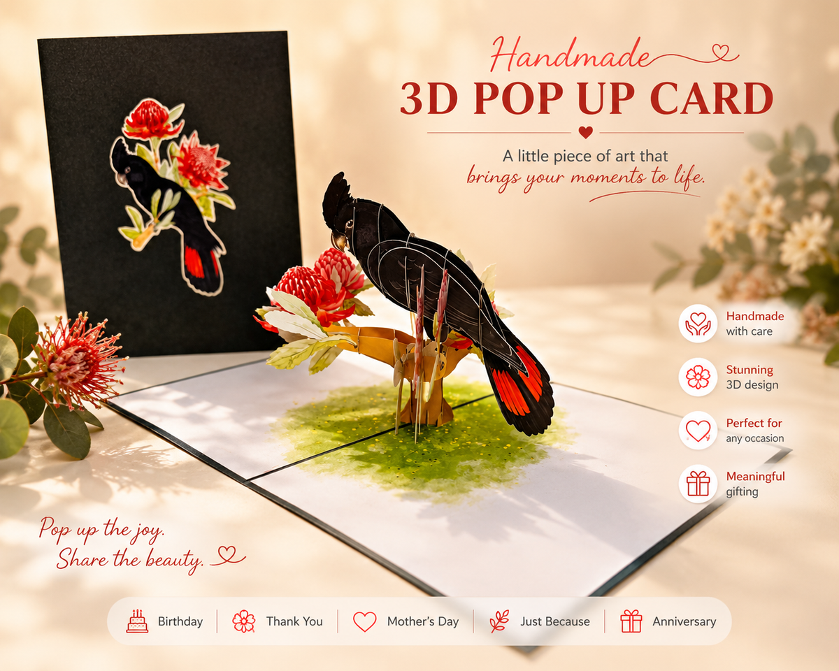 Red-Tailed Black Cockatoo with Red Waratahs - Australian Bird Origami Pop Cards 3D Pop Up Greeting Card Happy Birthday Thank You Handmade Gift Thinking of You Blank Card for Any Occasion Happy Mother's Day Happy Father's Australiana Birds