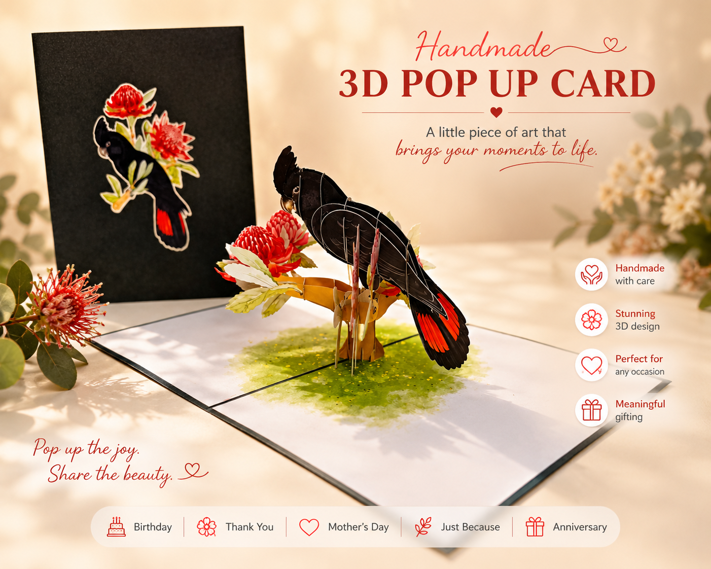 Red-Tailed Black Cockatoo with Red Waratahs - Australian Bird Origami Pop Cards 3D Pop Up Greeting Card Happy Birthday Thank You Handmade Gift Thinking of You Blank Card for Any Occasion Happy Mother's Day Happy Father's Australiana Birds