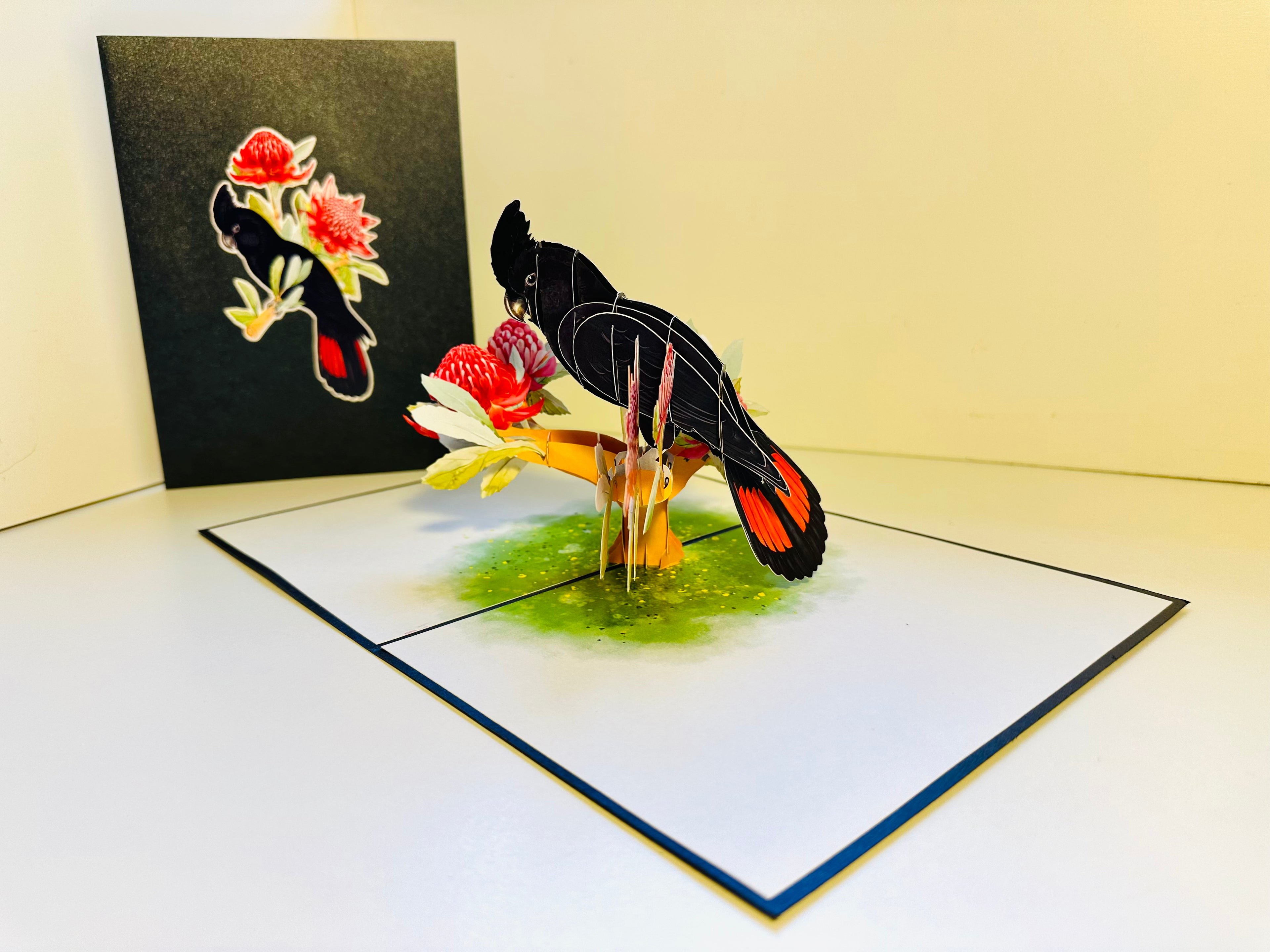 Red-Tailed Black Cockatoo with Red Waratahs - Australian Bird Origami Pop Cards 3D Pop Up Greeting Card Happy Birthday Thank You Handmade Gift Thinking of You Blank Card for Any Occasion Happy Mother's Day Happy Father's Australiana Birds