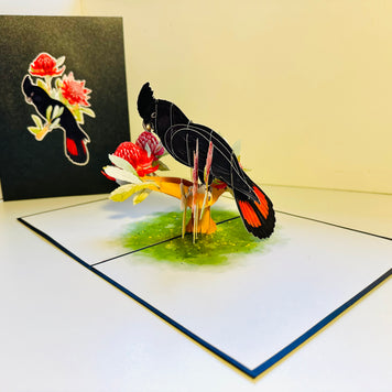 Red-Tailed Black Cockatoo with Red Waratahs - Australian Bird Origami Pop Cards 3D Pop Up Greeting Card Happy Birthday Thank You Handmade Gift Thinking of You Blank Card for Any Occasion Happy Mother's Day Happy Father's Australiana Birds
