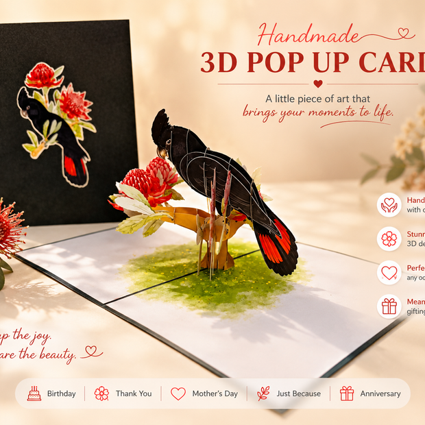 Red-Tailed Black Cockatoo with Red Waratahs - Australian Bird Origami Pop Cards 3D Pop Up Greeting Card Happy Birthday Thank You Handmade Gift Thinking of You Blank Card for Any Occasion Happy Mother's Day Happy Father's Australiana Birds