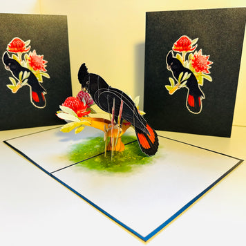 Red-Tailed Black Cockatoo with Red Waratahs - Australian Bird Origami Pop Cards 3D Pop Up Greeting Card Happy Birthday Thank You Handmade Gift Thinking of You Blank Card for Any Occasion Happy Mother's Day Happy Father's Australiana Birds