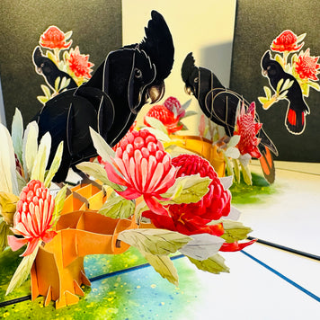 Red-Tailed Black Cockatoo with Red Waratahs - Australian Bird Origami Pop Cards 3D Pop Up Greeting Card Happy Birthday Thank You Handmade Gift Thinking of You Blank Card for Any Occasion Happy Mother's Day Happy Father's Australiana Birds