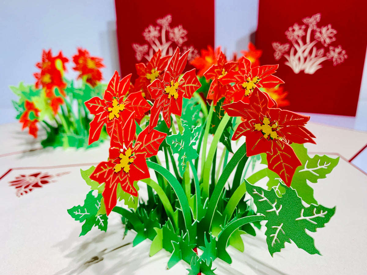 Red Flowering Poinsettia Bush Origami Pop Cards 3D Pop Up Greeting Card Merry Christmas Thank You Handmade Best Wishes Blank Card Gift Happy Holidays Celebrate the Special Day Moment with Family and Friends