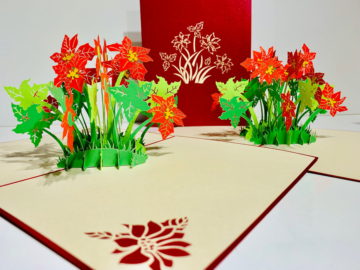 Red Flowering Poinsettia Bush Origami Pop Cards 3D Pop Up Greeting Card Merry Christmas Thank You Handmade Best Wishes Blank Card Gift Happy Holidays Celebrate the Special Day Moment with Family and Friends