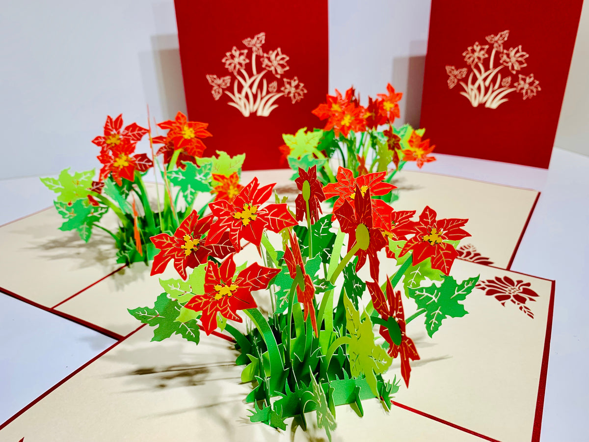 Red Flowering Poinsettia Bush Origami Pop Cards 3D Pop Up Greeting Card Merry Christmas Thank You Handmade Best Wishes Blank Card Gift Happy Holidays Celebrate the Special Day Moment with Family and Friends
