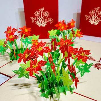 Red Flowering Poinsettia Bush Origami Pop Cards 3D Pop Up Greeting Card Merry Christmas Thank You Handmade Best Wishes Blank Card Gift Happy Holidays Celebrate the Special Day Moment with Family and Friends