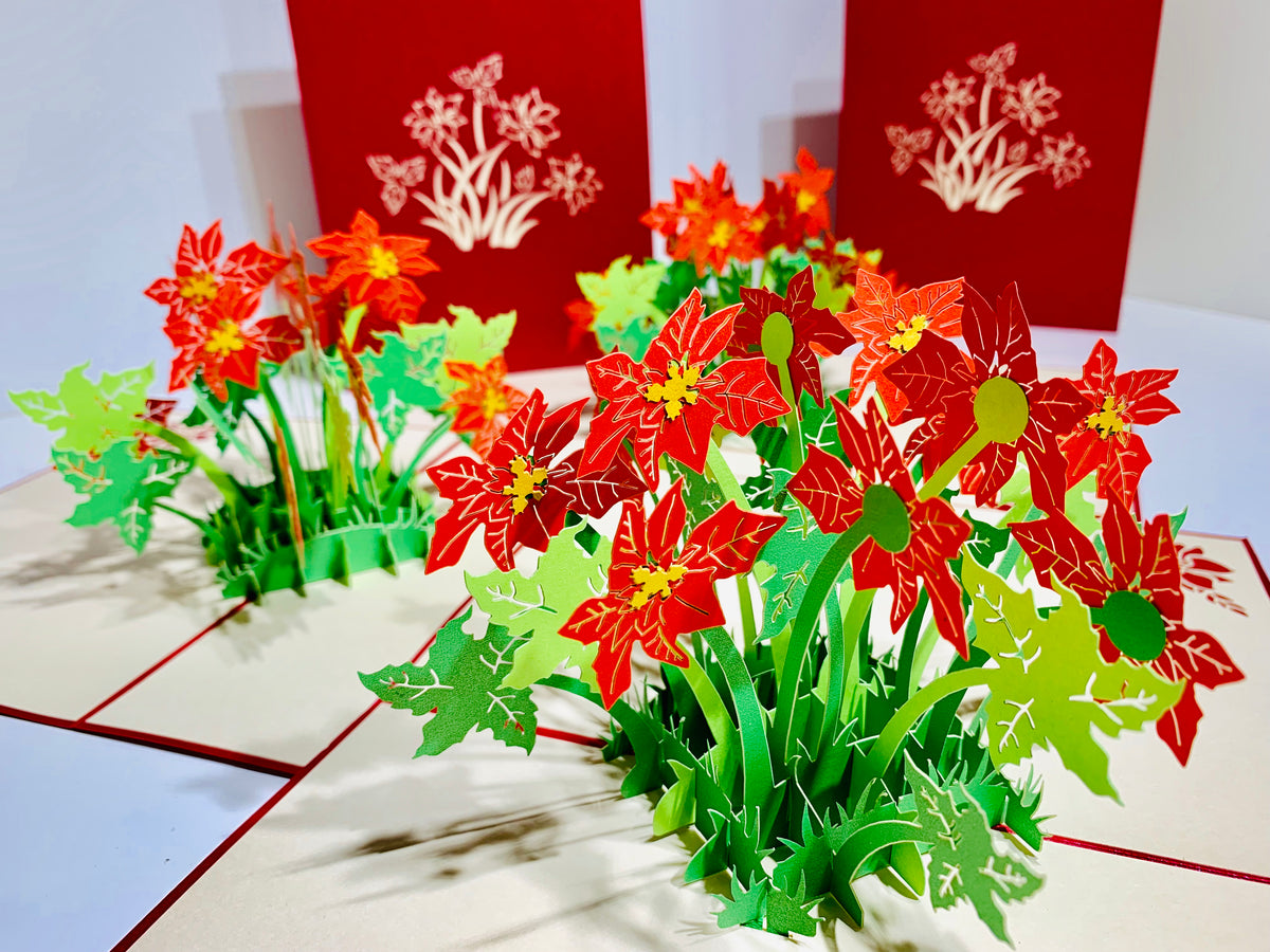 Red Flowering Poinsettia Bush Origami Pop Cards 3D Pop Up Greeting Card Merry Christmas Thank You Handmade Best Wishes Blank Card Gift Happy Holidays Celebrate the Special Day Moment with Family and Friends