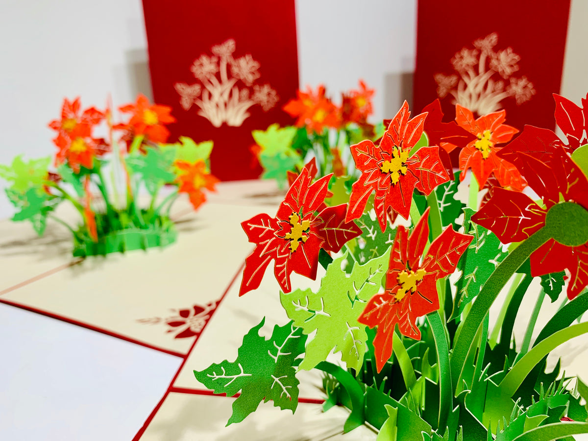 Red Flowering Poinsettia Bush Origami Pop Cards 3D Pop Up Greeting Card Merry Christmas Thank You Handmade Best Wishes Blank Card Gift Happy Holidays Celebrate the Special Day Moment with Family and Friends