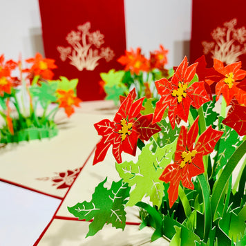 Red Flowering Poinsettia Bush Origami Pop Cards 3D Pop Up Greeting Card Merry Christmas Thank You Handmade Best Wishes Blank Card Gift Happy Holidays Celebrate the Special Day Moment with Family and Friends