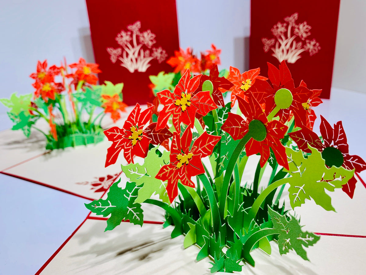 Red Flowering Poinsettia Bush Origami Pop Cards 3D Pop Up Greeting Card Merry Christmas Thank You Handmade Best Wishes Blank Card Gift Happy Holidays Celebrate the Special Day Moment with Family and Friends