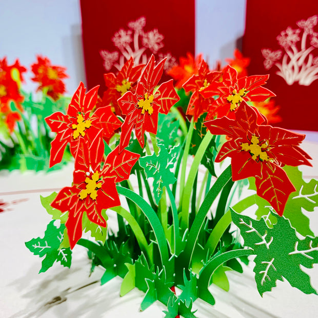 Red Flowering Poinsettia Bush Origami Pop Cards 3D Pop Up Greeting Card Merry Christmas Thank You Handmade Best Wishes Blank Card Gift Happy Holidays Celebrate the Special Day Moment with Family and Friends