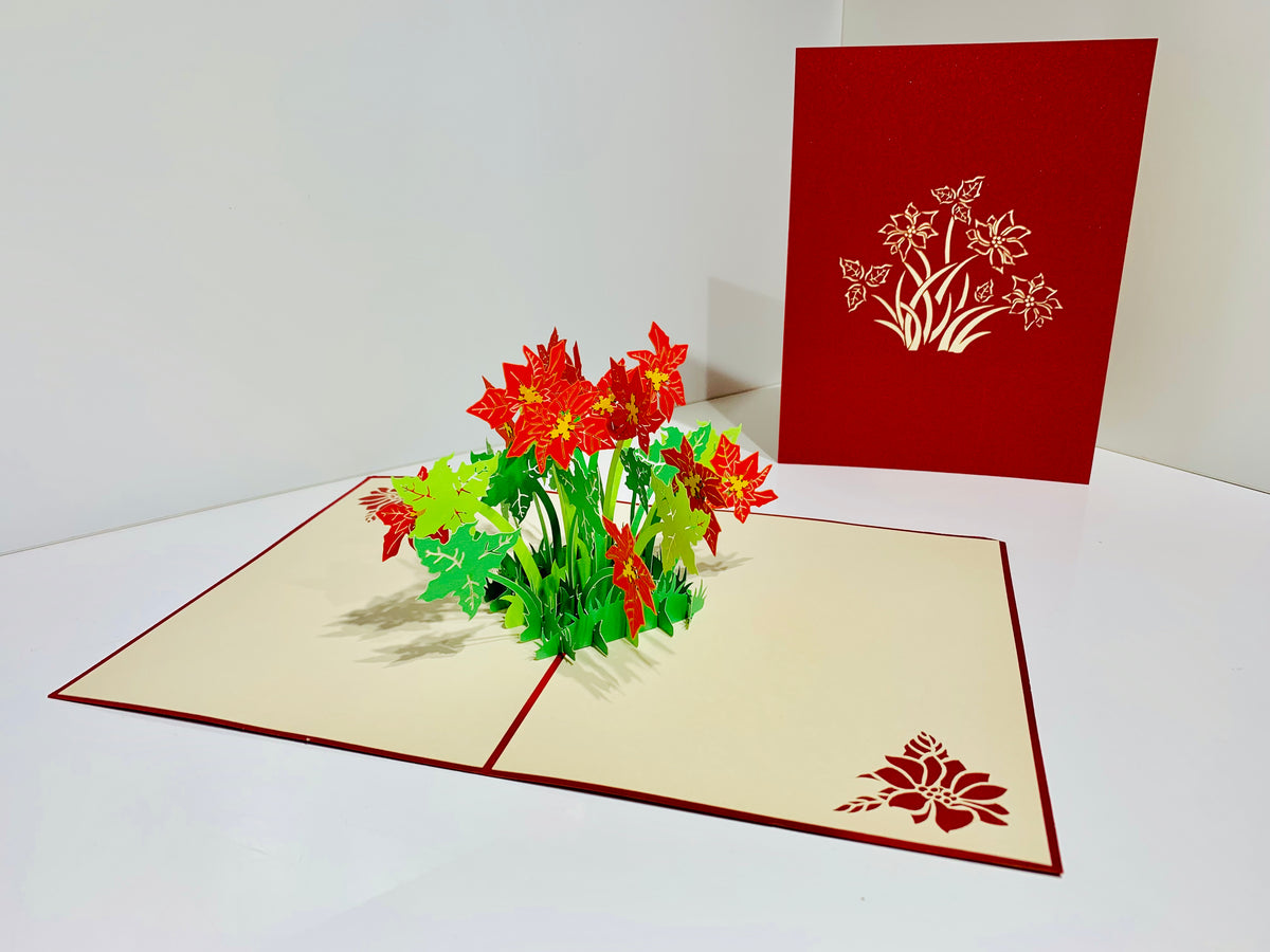 Red Flowering Poinsettia Bush Origami Pop Cards 3D Pop Up Greeting Card Merry Christmas Thank You Handmade Best Wishes Blank Card Gift Happy Holidays Celebrate the Special Day Moment with Family and Friends