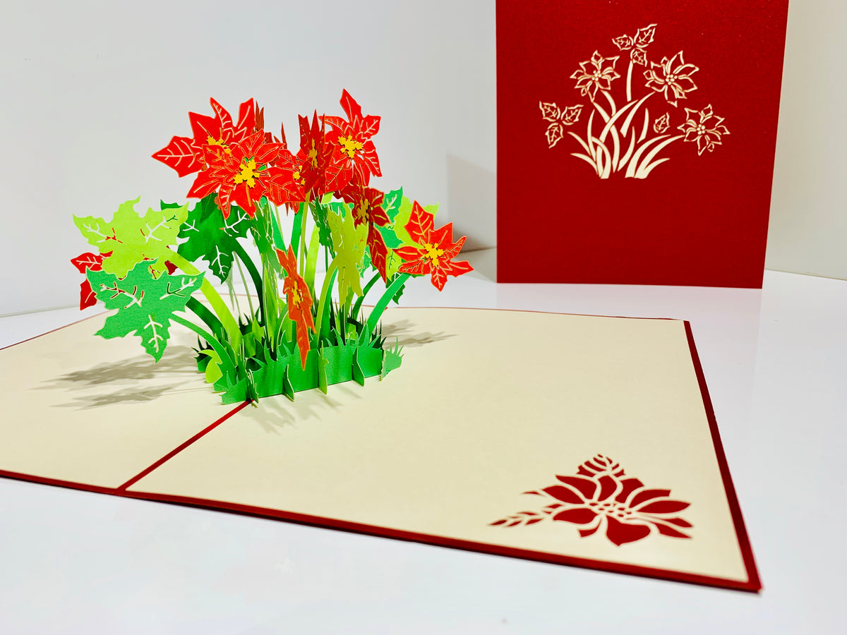 Red Flowering Poinsettia Bush Origami Pop Cards 3D Pop Up Greeting Card Merry Christmas Thank You Handmade Best Wishes Blank Card Gift Happy Holidays Celebrate the Special Day Moment with Family and Friends