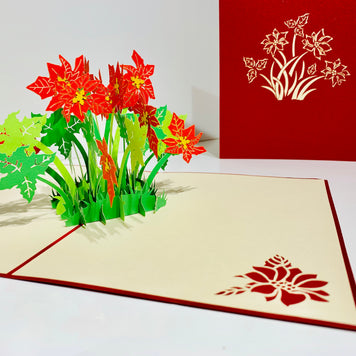 Red Flowering Poinsettia Bush Origami Pop Cards 3D Pop Up Greeting Card Merry Christmas Thank You Handmade Best Wishes Blank Card Gift Happy Holidays Celebrate the Special Day Moment with Family and Friends