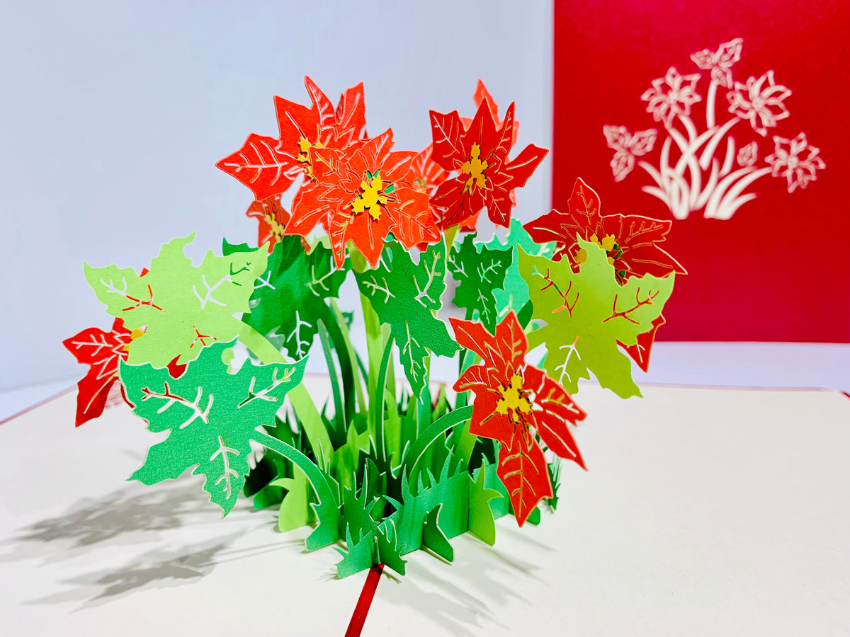 Red Flowering Poinsettia Bush Origami Pop Cards 3D Pop Up Greeting Card Merry Christmas Thank You Handmade Best Wishes Blank Card Gift Happy Holidays Celebrate the Special Day Moment with Family and Friends