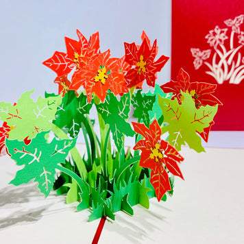 Red Flowering Poinsettia Bush Origami Pop Cards 3D Pop Up Greeting Card Merry Christmas Thank You Handmade Best Wishes Blank Card Gift Happy Holidays Celebrate the Special Day Moment with Family and Friends