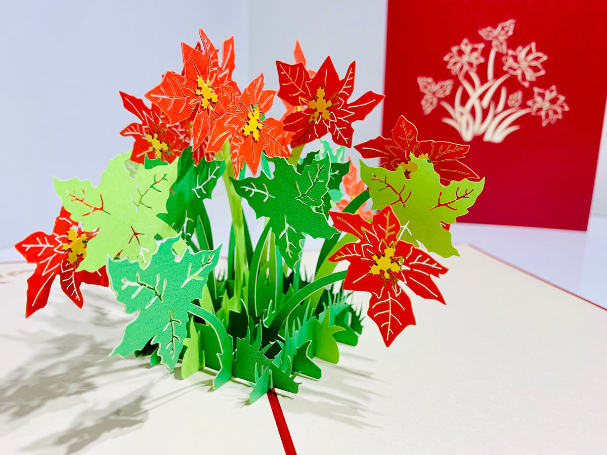 Red Flowering Poinsettia Bush Origami Pop Cards 3D Pop Up Greeting Card Merry Christmas Thank You Handmade Best Wishes Blank Card Gift Happy Holidays Celebrate the Special Day Moment with Family and Friends