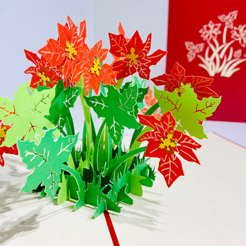 Red Flowering Poinsettia Bush Origami Pop Cards 3D Pop Up Greeting Card Merry Christmas Thank You Handmade Best Wishes Blank Card Gift Happy Holidays Celebrate the Special Day Moment with Family and Friends